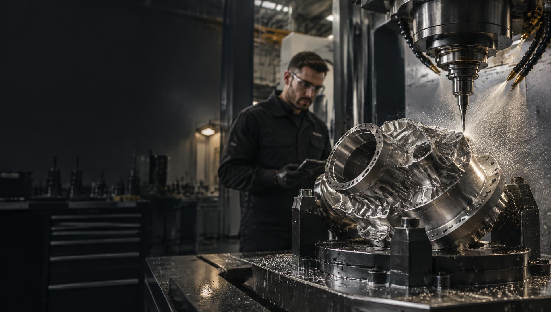 A precision engineer overseeing a complex component on a five-axis CNC machining centre